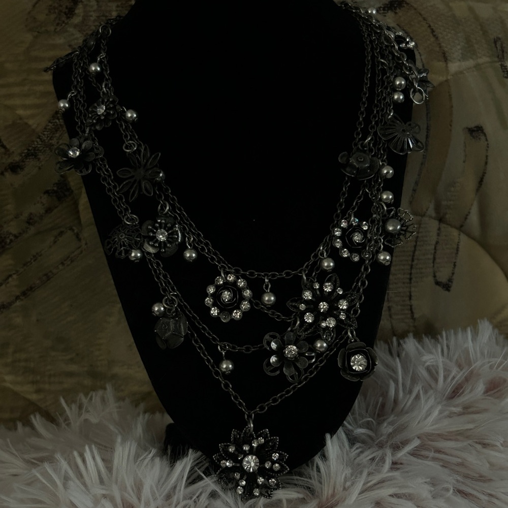 Multi-Layer Floral Pendant Necklace in Gunmetal and Clear Crystal
